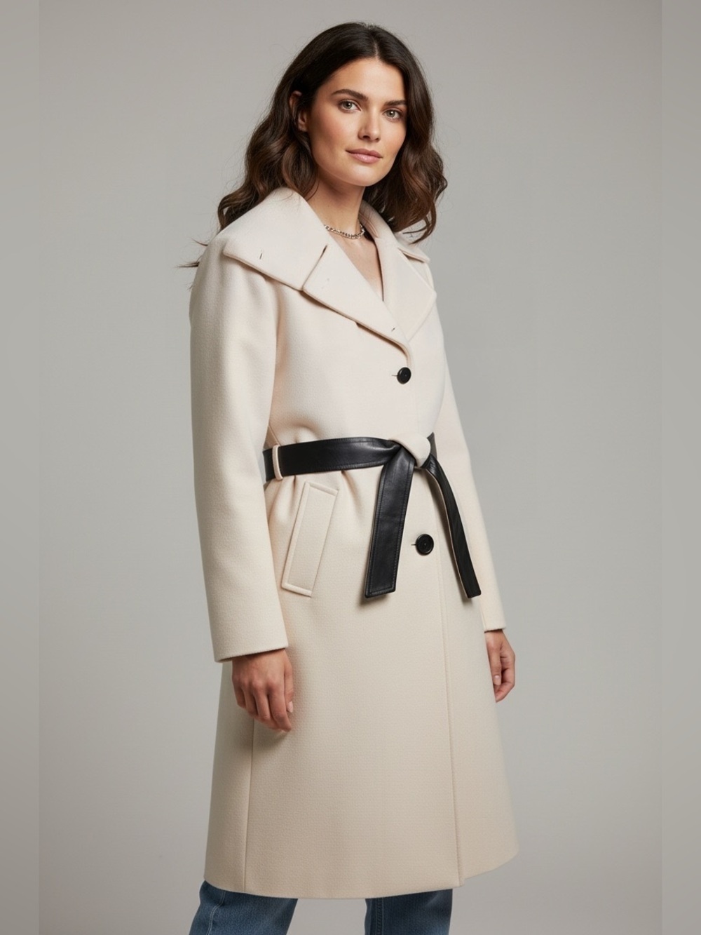 DKNY Wool-Cashmere Blend Cream Women’s Trench Coat w Black Leather Belt, 6